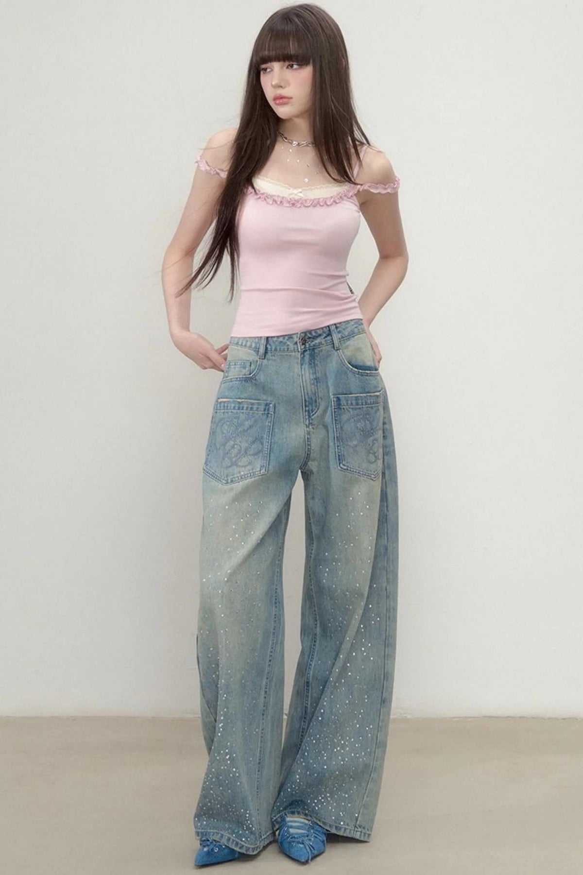 Luxe Rhinestone Wide-Leg Jeans