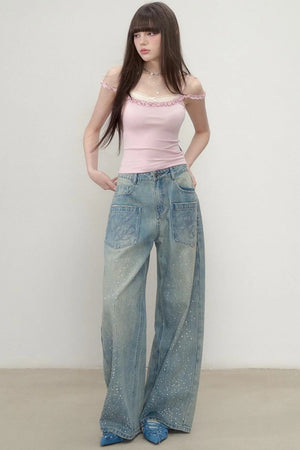 Luxe Rhinestone Wide-Leg Jeans