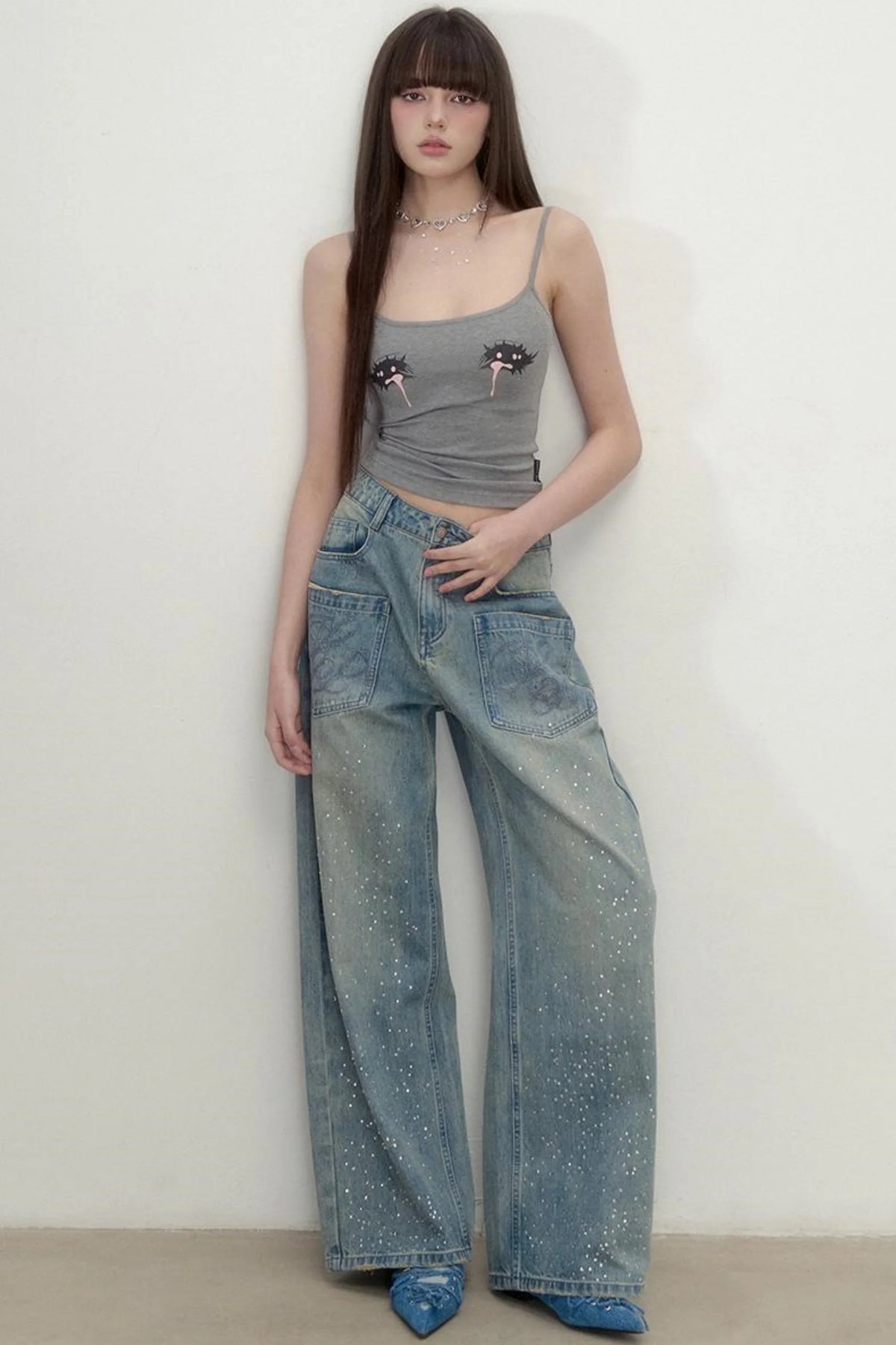 Luxe Rhinestone Wide-Leg Jeans