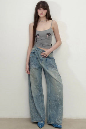 Luxe Rhinestone Wide-Leg Jeans