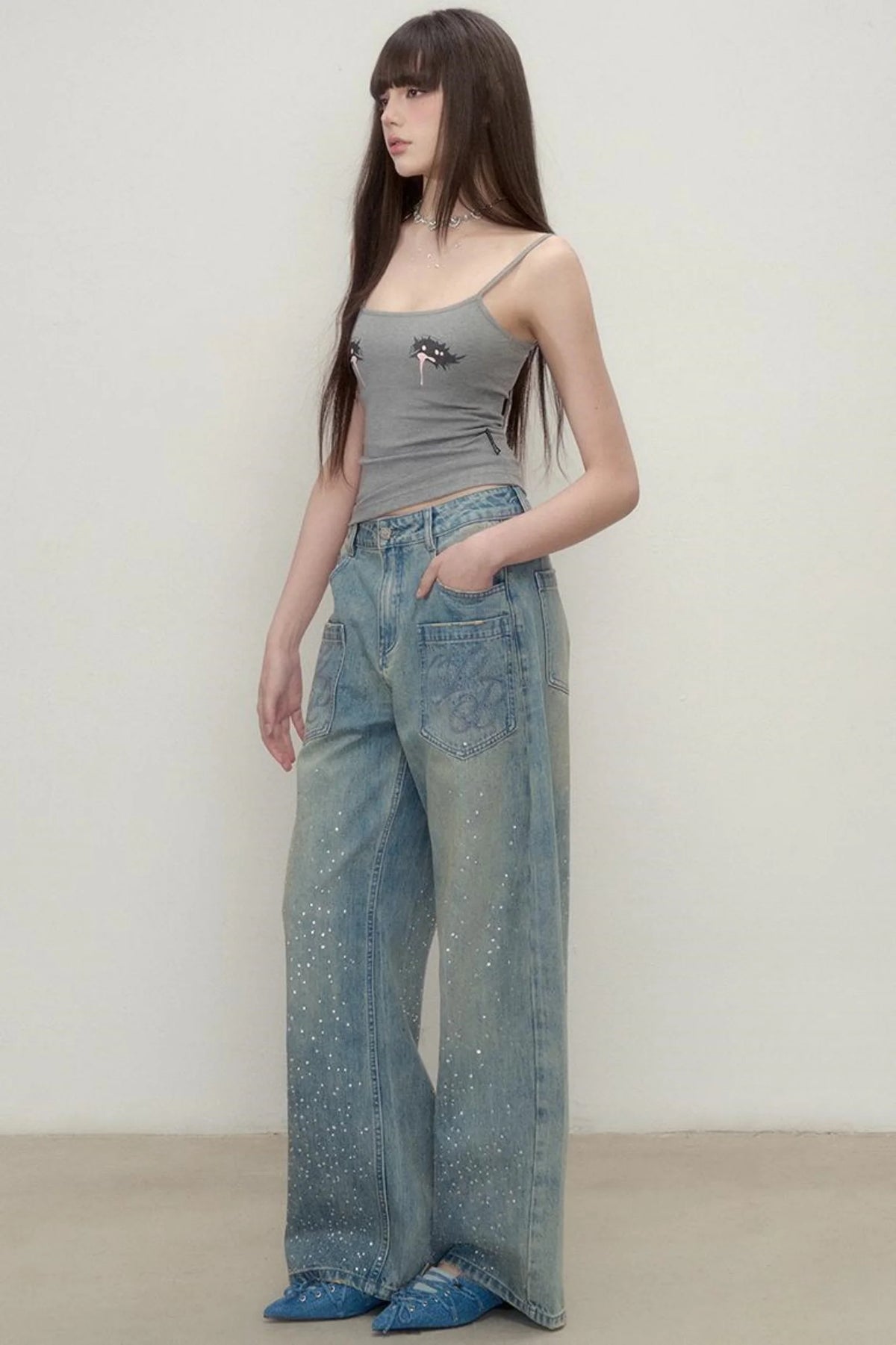 Luxe Rhinestone Wide-Leg Jeans