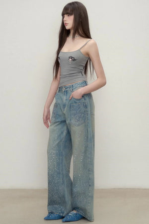 Luxe Rhinestone Wide-Leg Jeans
