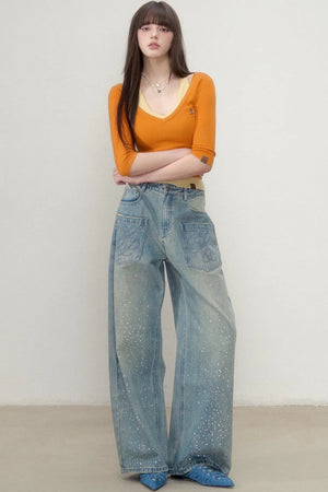 Luxe Rhinestone Wide-Leg Jeans