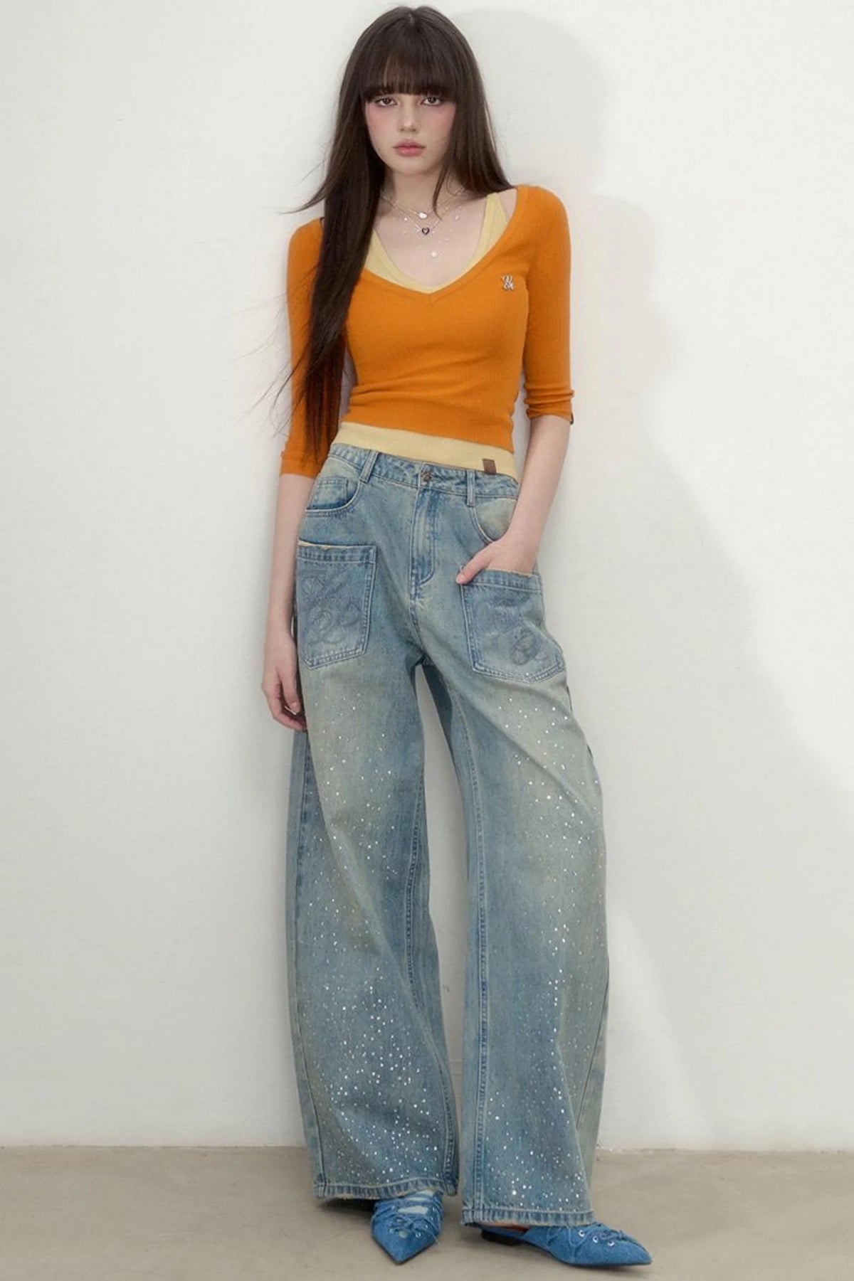 Luxe Rhinestone Wide-Leg Jeans