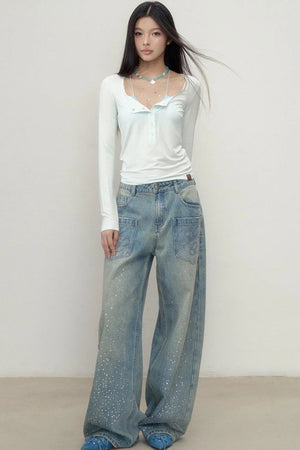 Luxe Rhinestone Wide-Leg Jeans