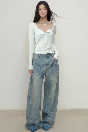 Luxe Rhinestone Wide-Leg Jeans