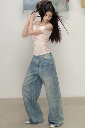 Luxe Rhinestone Wide-Leg Jeans