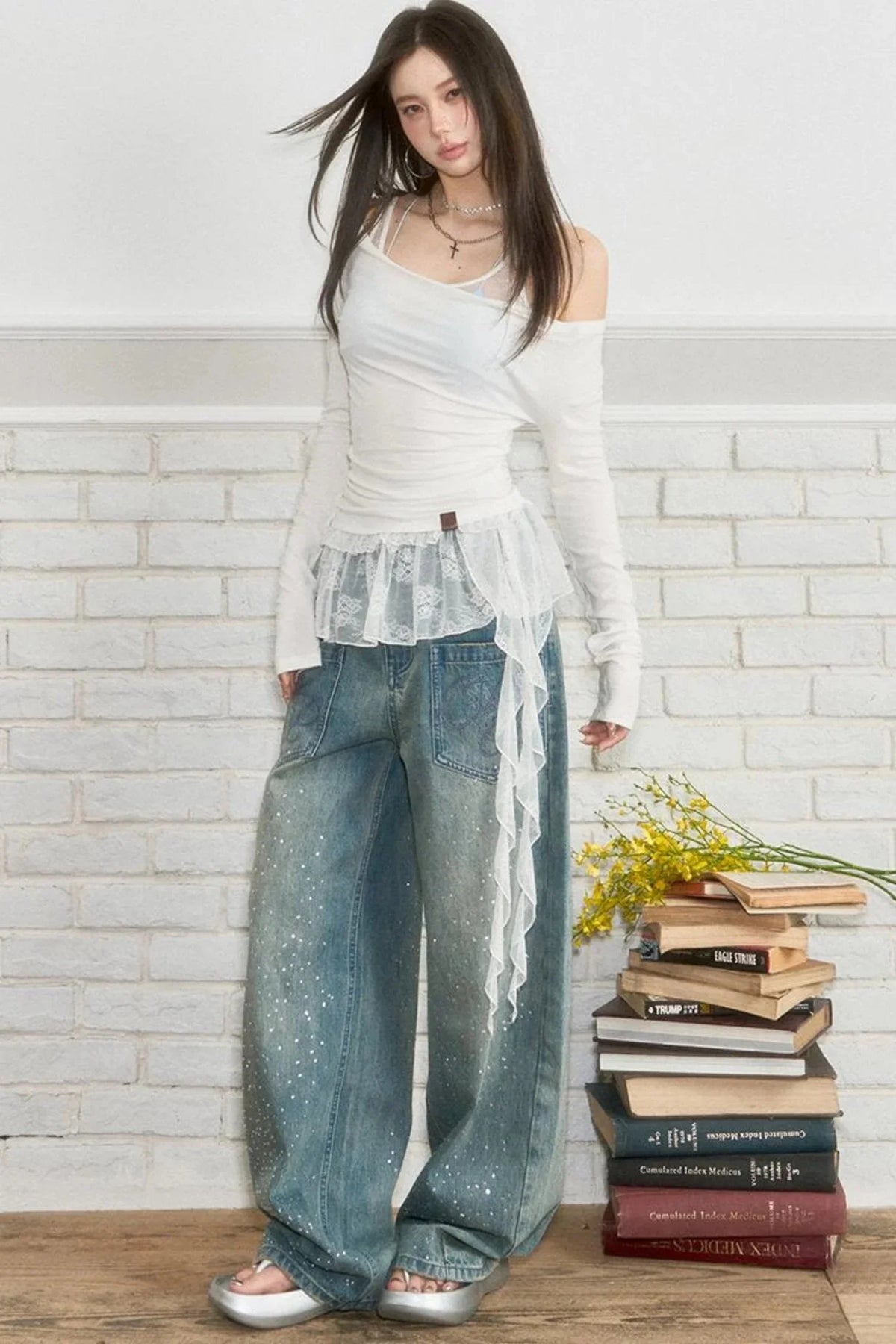 Luxe Rhinestone Wide-Leg Jeans