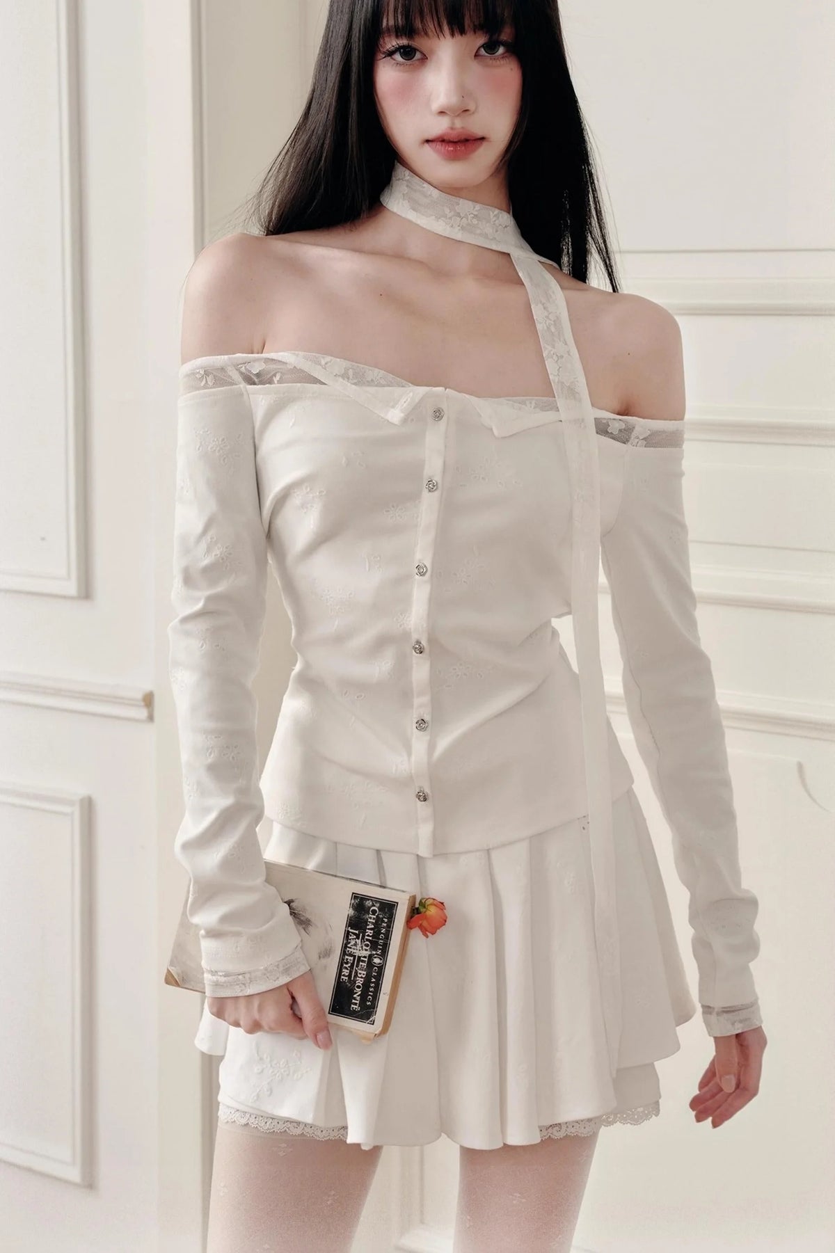 Luxury Moonlight Lace One-Shoulder Top Embroidered Skirt Set-Up