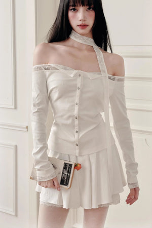 Luxury Moonlight Lace One-Shoulder Top Embroidered Skirt Set-Up
