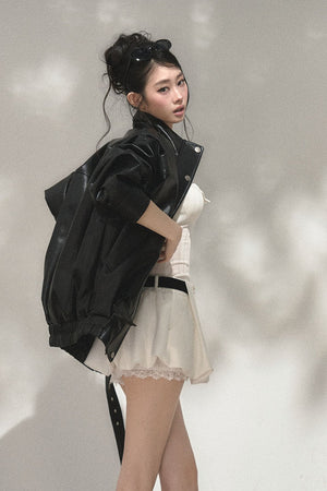 Lychee-Patterned Pu Biker Jacket