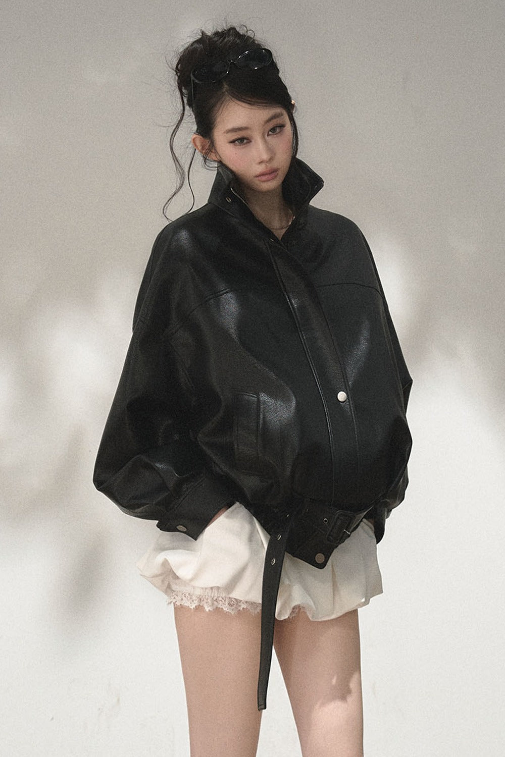Lychee-Patterned Pu Biker Jacket
