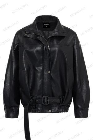 Lychee-Patterned Pu Biker Jacket
