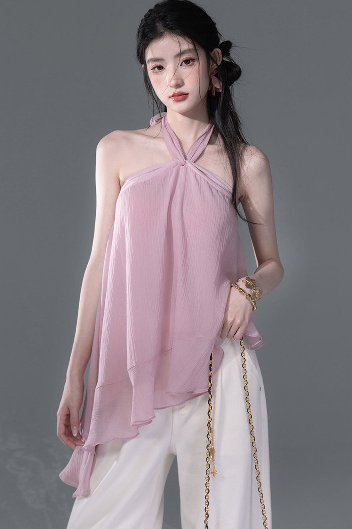 Lyocell Asymmetrical Ruffle Hem Halter Top