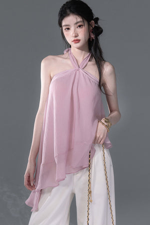 Lyocell Asymmetrical Ruffle Hem Halter Top