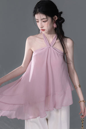 Lyocell Asymmetrical Ruffle Hem Halter Top
