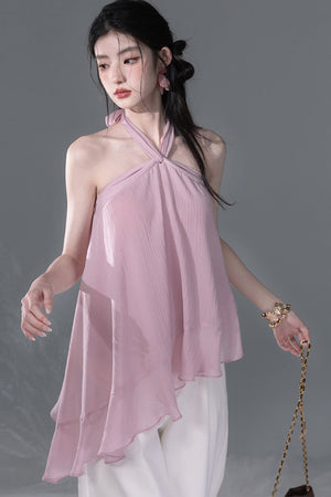 Lyocell Asymmetrical Ruffle Hem Halter Top