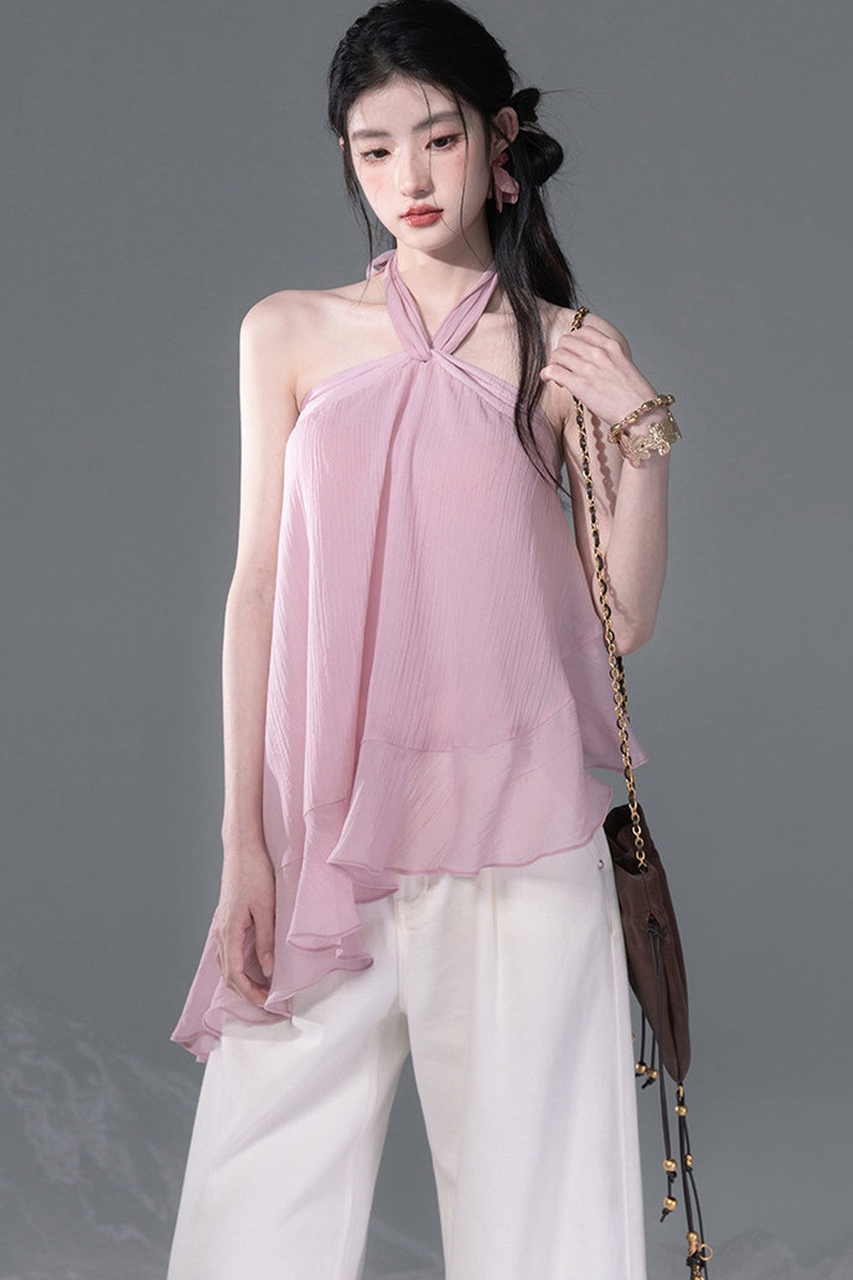 Lyocell Asymmetrical Ruffle Hem Halter Top