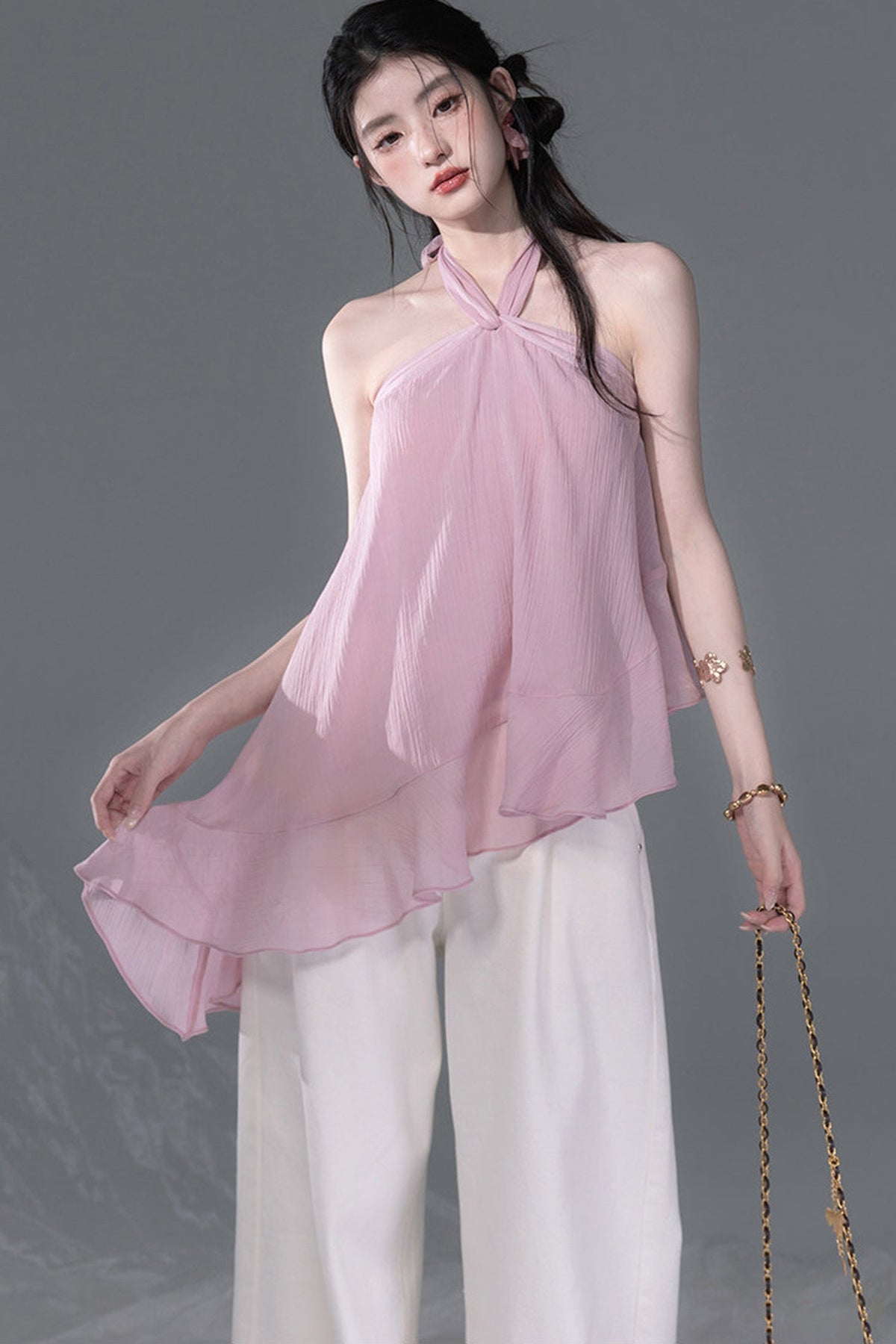 Lyocell Asymmetrical Ruffle Hem Halter Top
