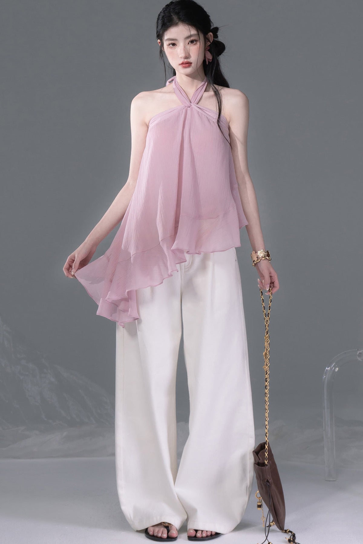 Lyocell Asymmetrical Ruffle Hem Halter Top