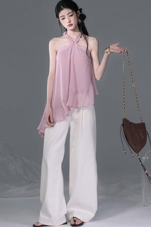 Lyocell Asymmetrical Ruffle Hem Halter Top