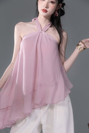 Lyocell Asymmetrical Ruffle Hem Halter Top