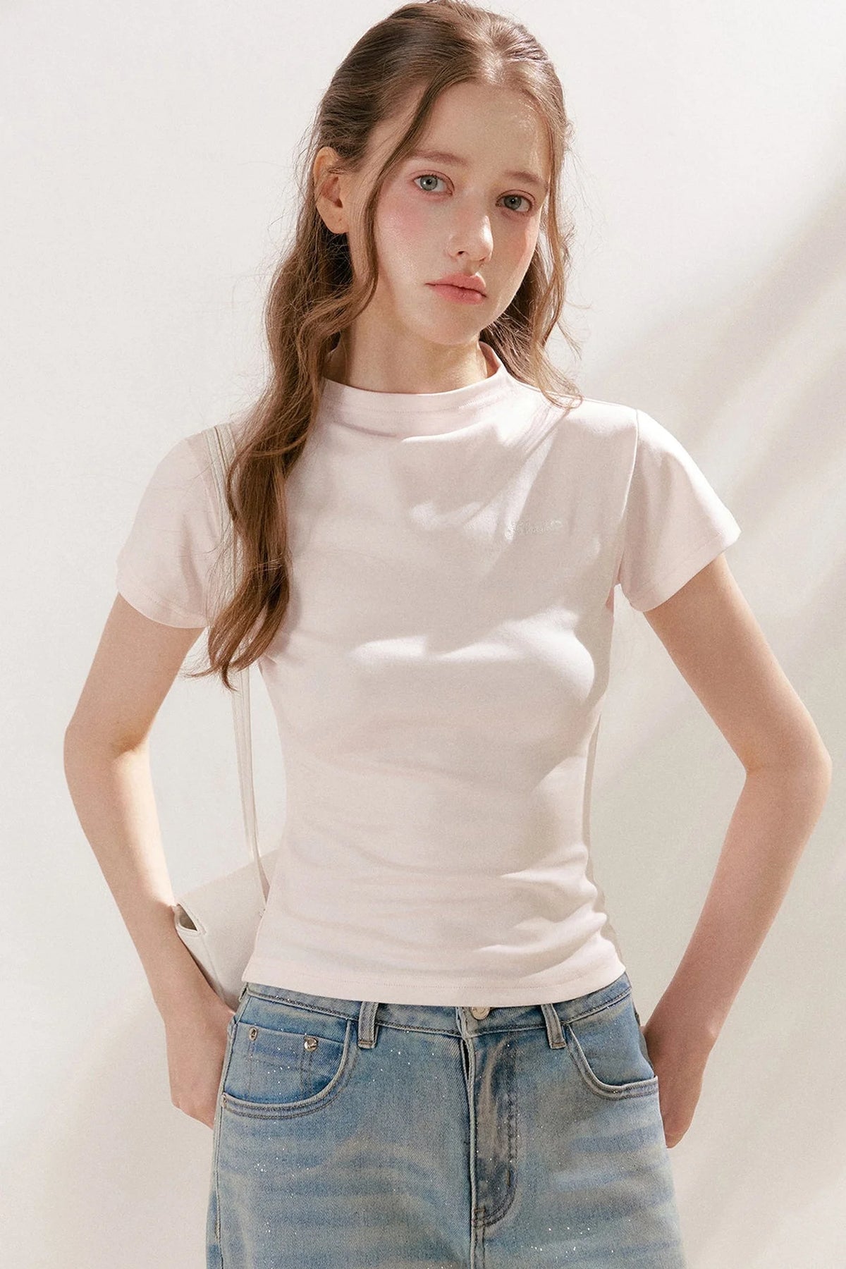 Lyocell Cotton Mock Neck Short Sleeve Top
