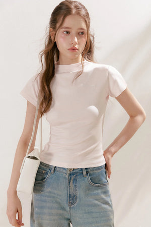 Lyocell Cotton Mock Neck Short Sleeve Top