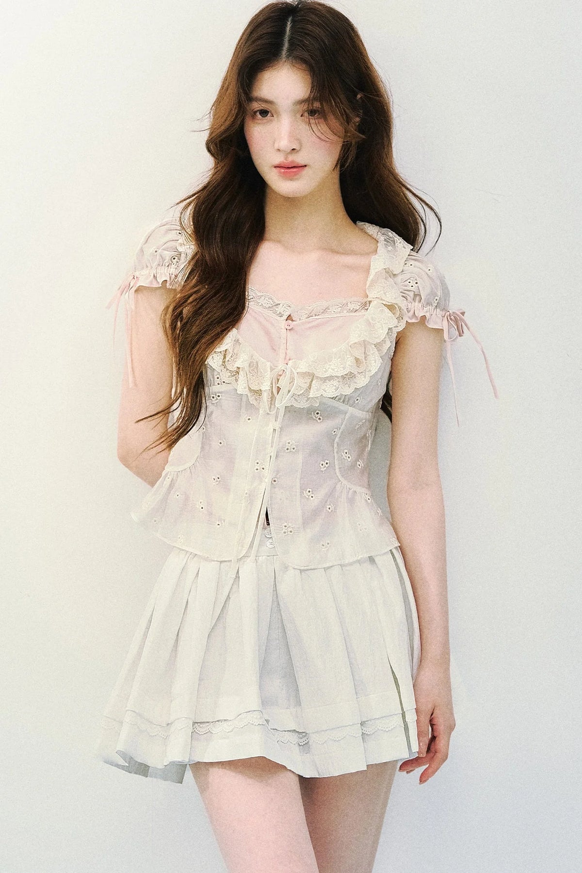 Lyocell Embroidered Puff Sleeve Blouse