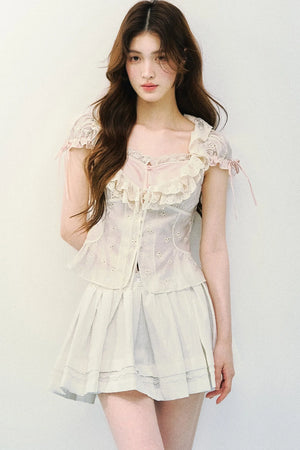 Lyocell Embroidered Puff Sleeve Blouse