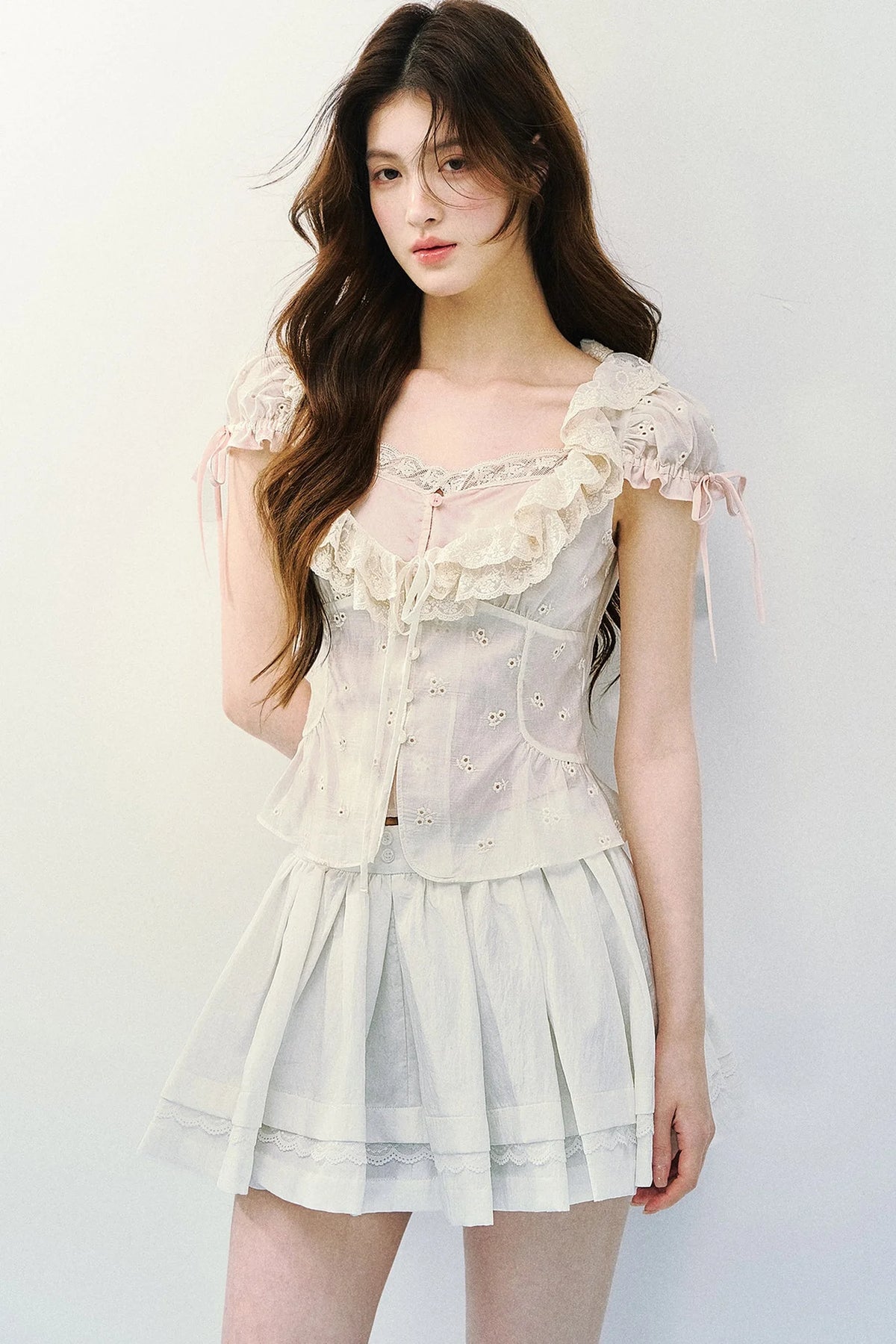 Lyocell Embroidered Puff Sleeve Blouse