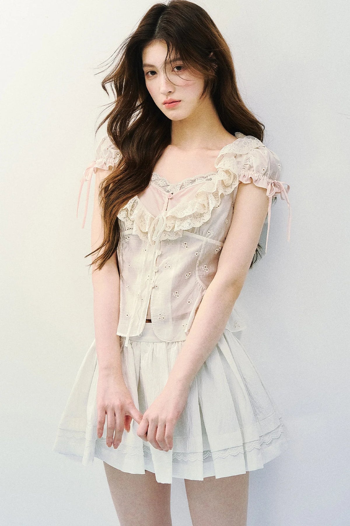 Lyocell Embroidered Puff Sleeve Blouse