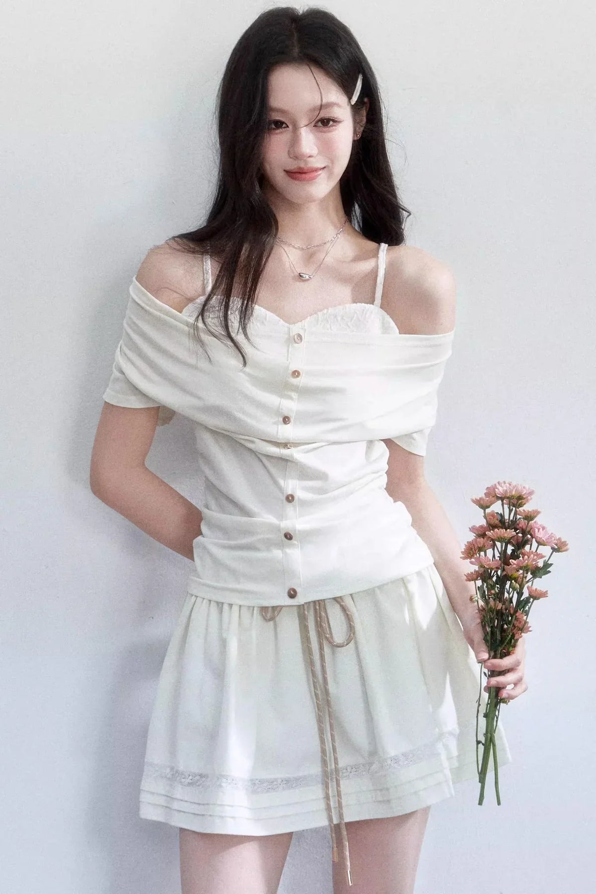 Lyocell Jacquard One-Shoulder Top Set-Up