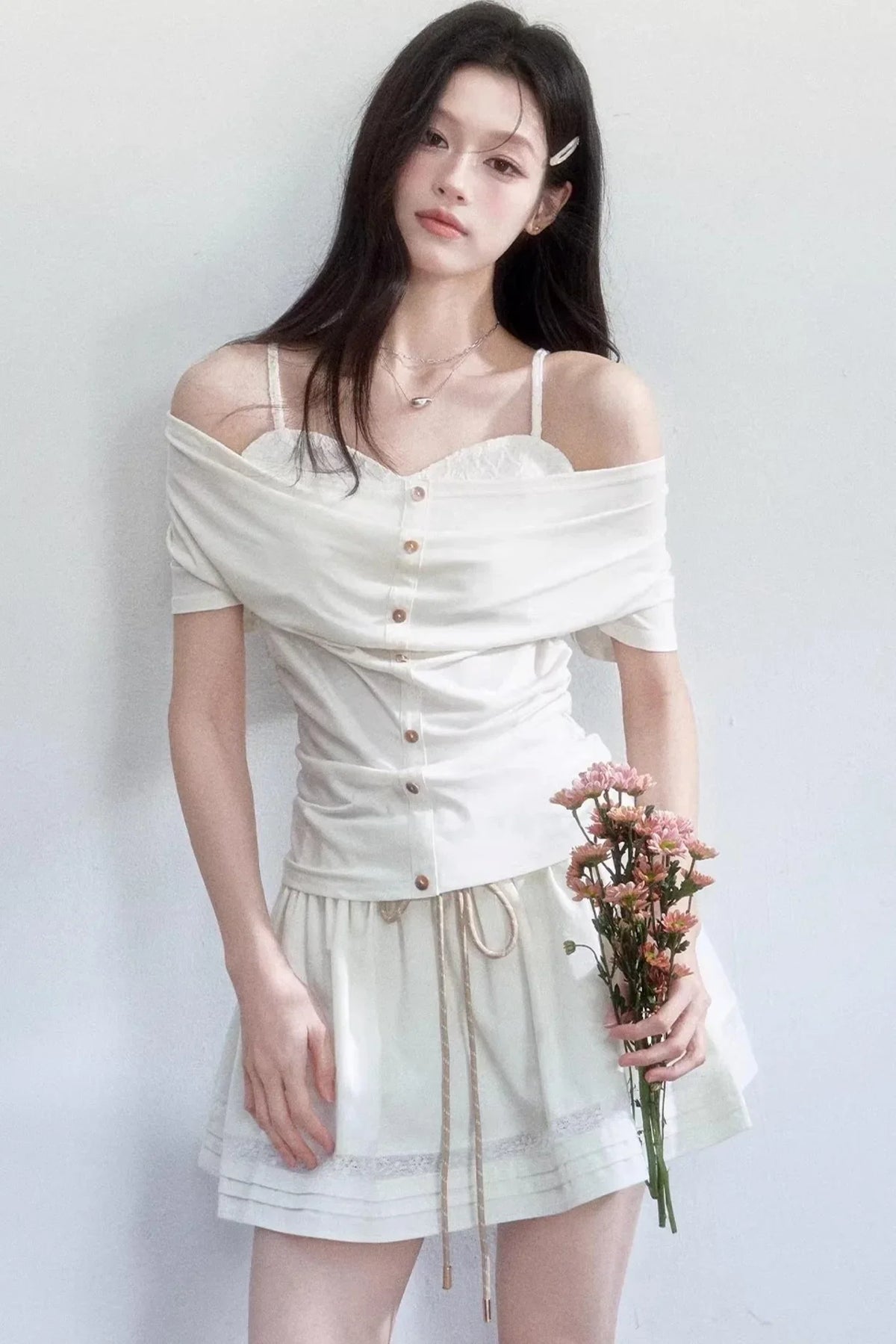 Lyocell Jacquard One-Shoulder Top Set-Up
