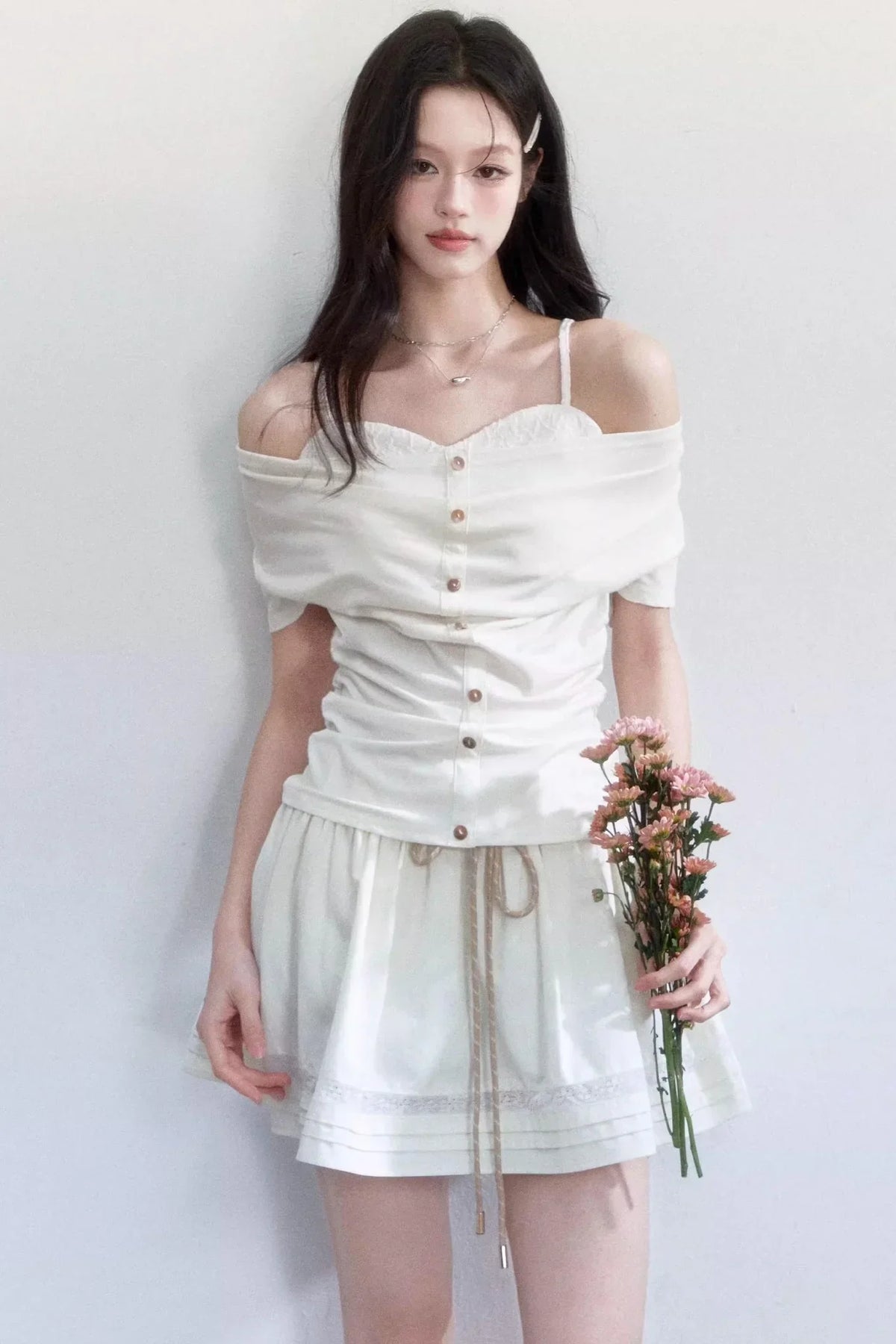 Lyocell Jacquard One-Shoulder Top Set-Up