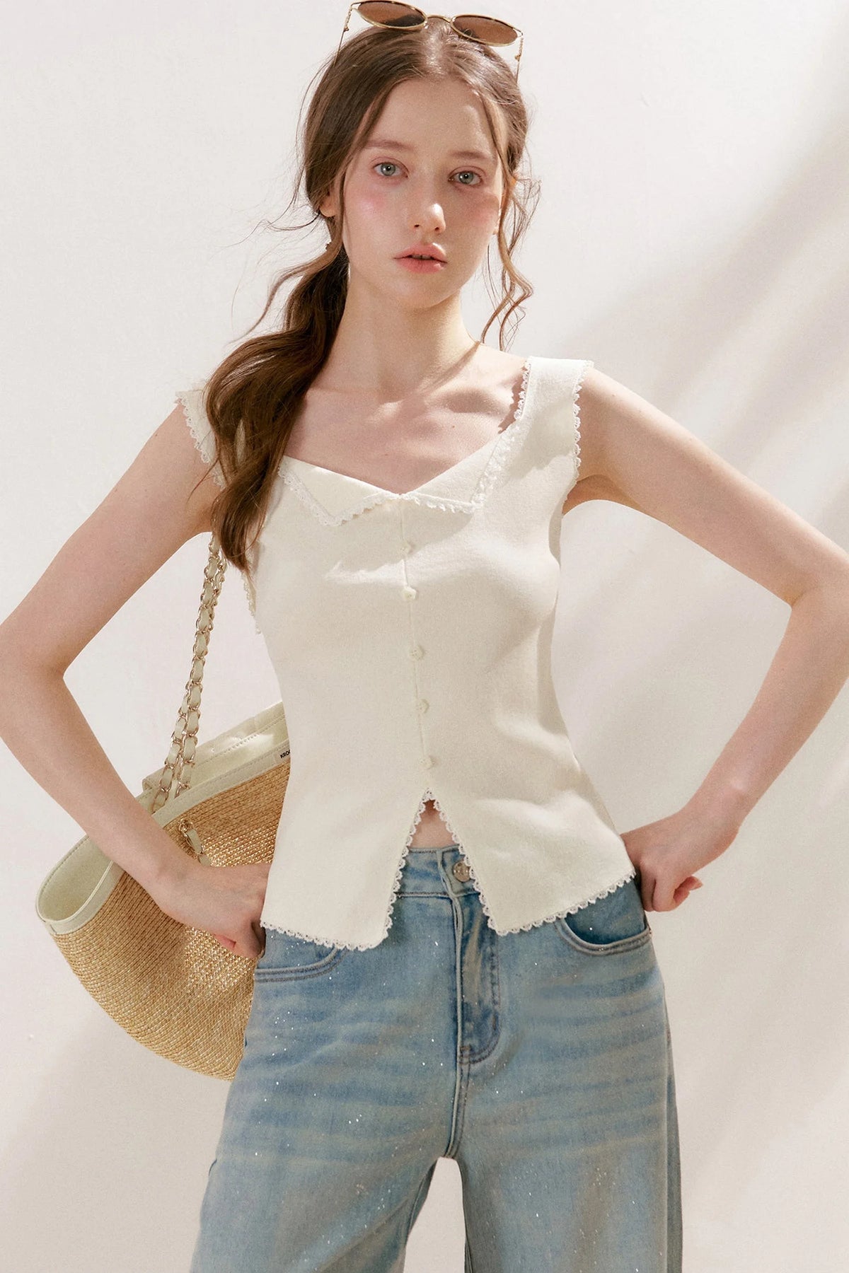 Lyocell Lace Trim Knit Vest