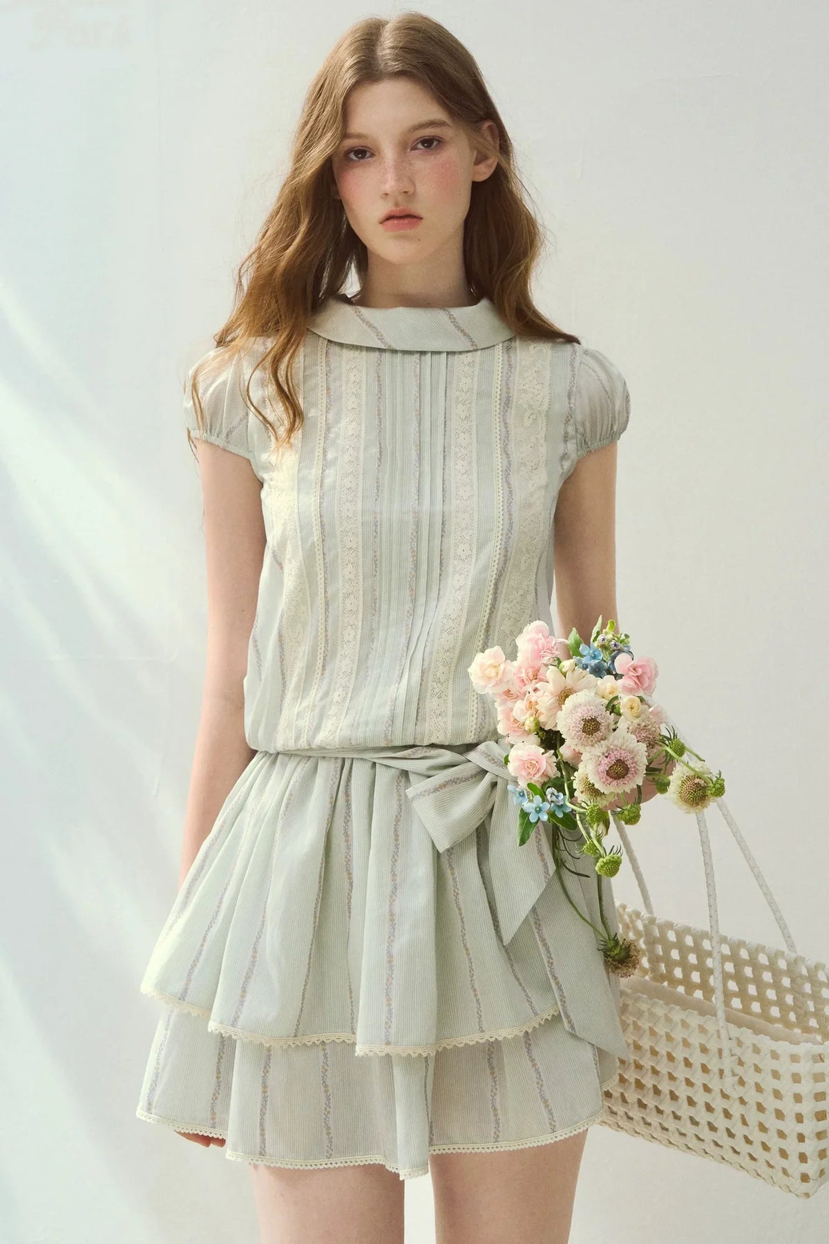 Lyocell Lace Tuck Pleated Half-High Collar Dress