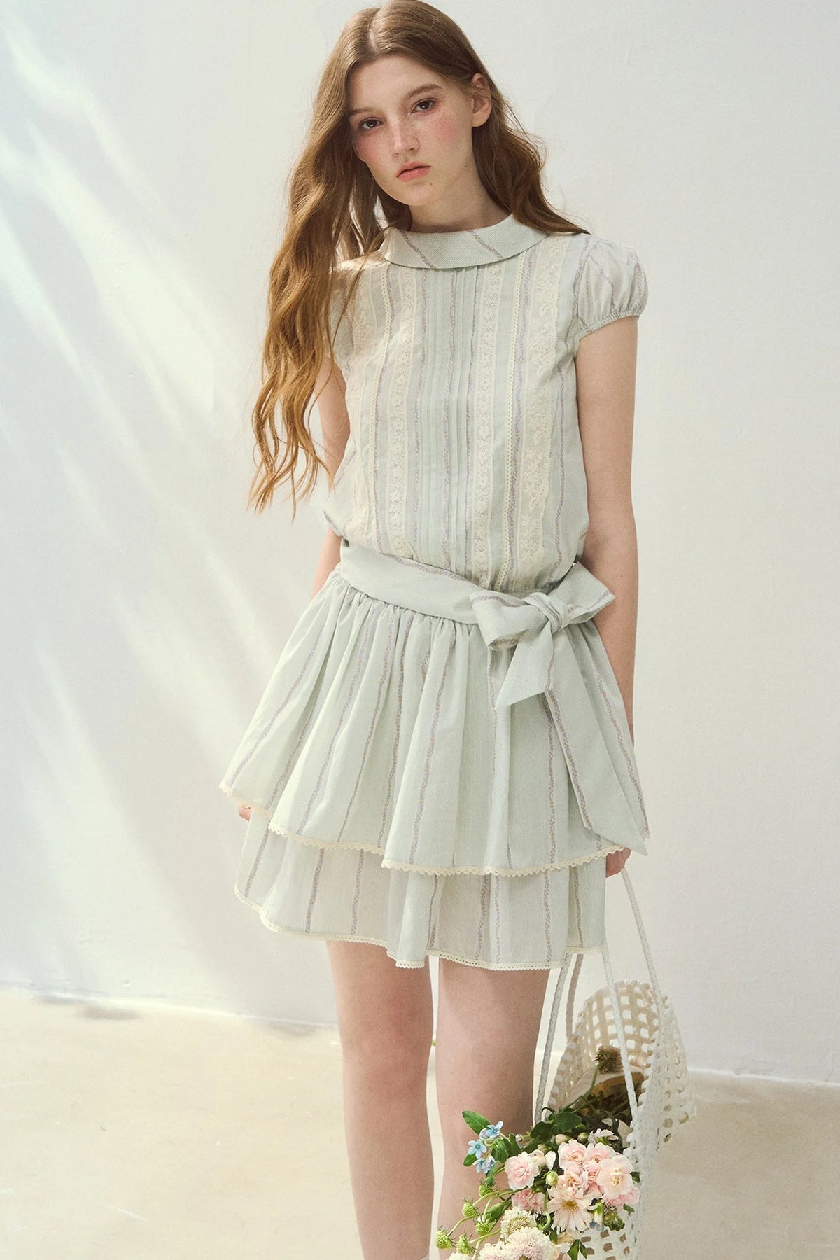 Lyocell Lace Tuck Pleated Half-High Collar Dress