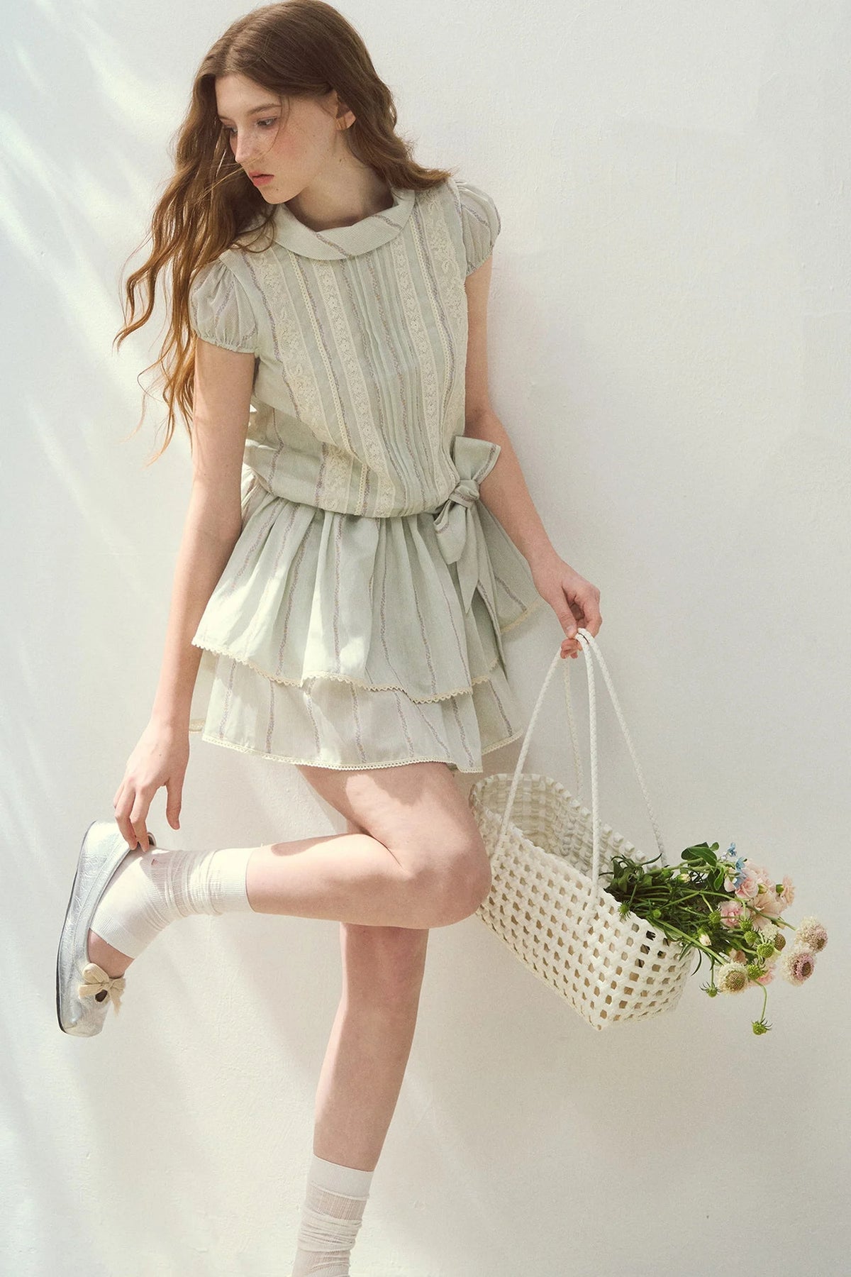 Lyocell Lace Tuck Pleated Half-High Collar Dress