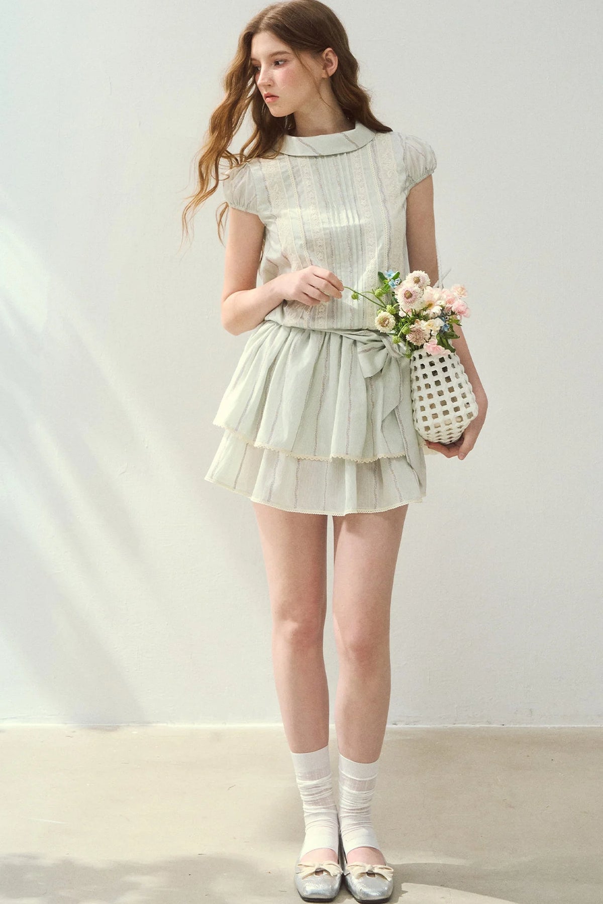 Lyocell Lace Tuck Pleated Half-High Collar Dress