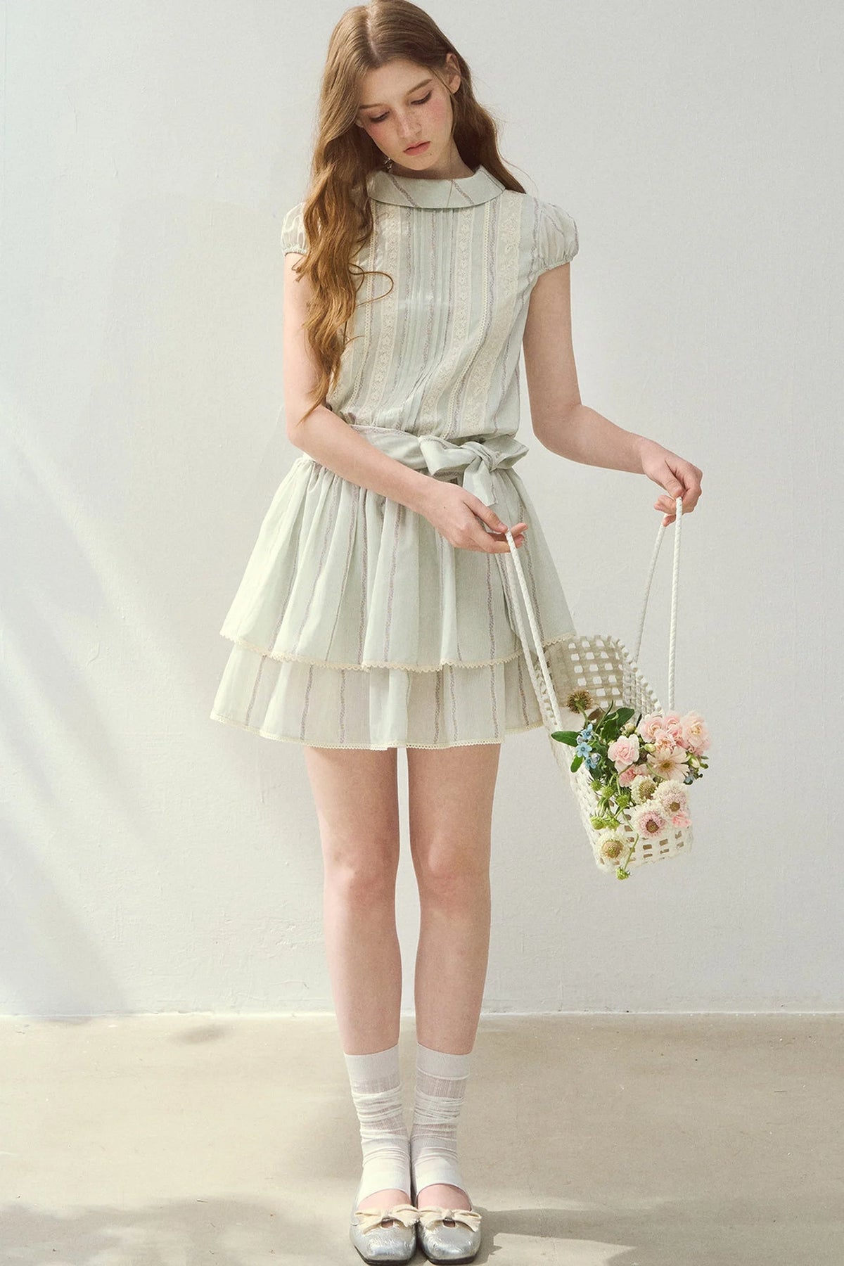 Lyocell Lace Tuck Pleated Half-High Collar Dress