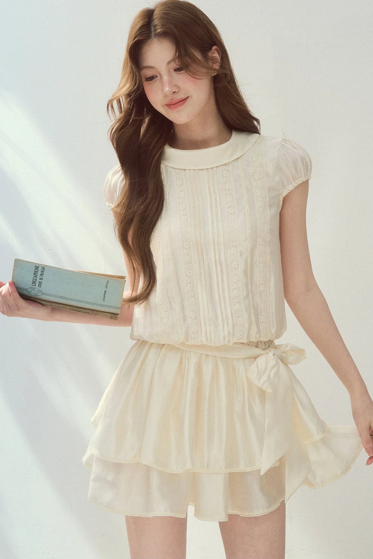 Lyocell Lace Tuck Pleated Half-High Collar Dress