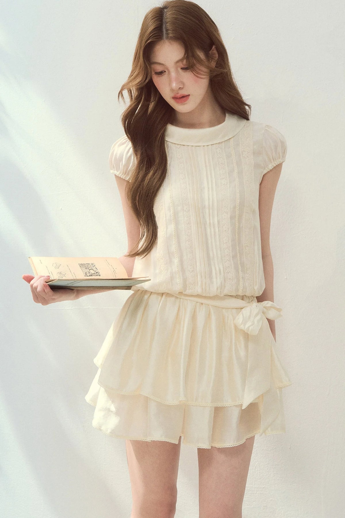 Lyocell Lace Tuck Pleated Half-High Collar Dress