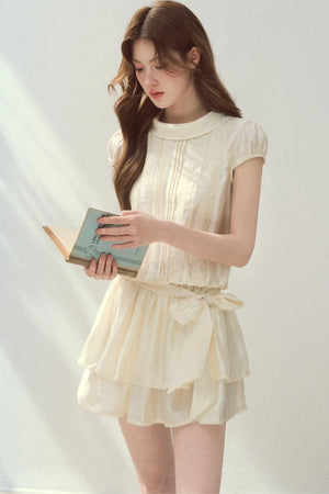 Lyocell Lace Tuck Pleated Half-High Collar Dress