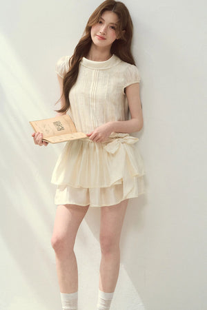 Lyocell Lace Tuck Pleated Half-High Collar Dress