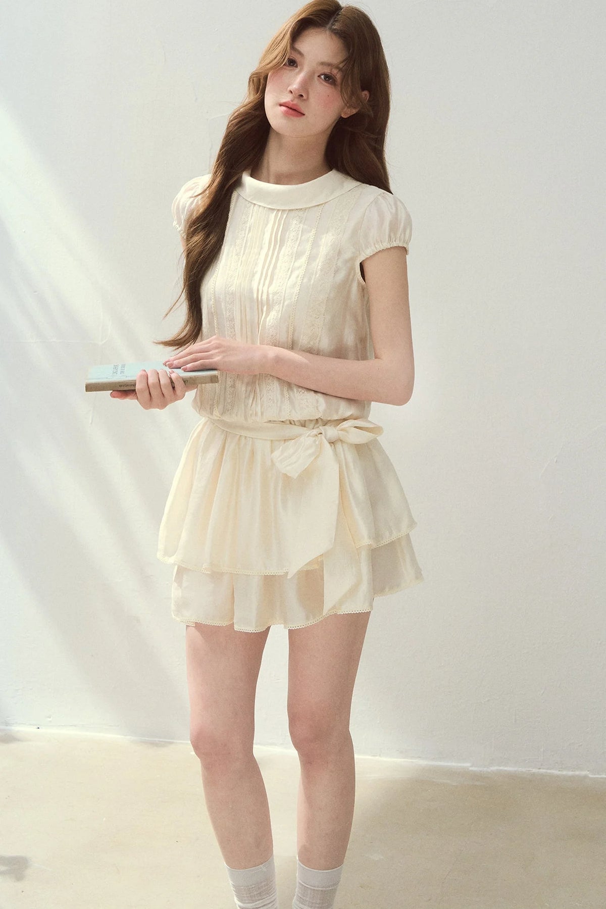Lyocell Lace Tuck Pleated Half-High Collar Dress