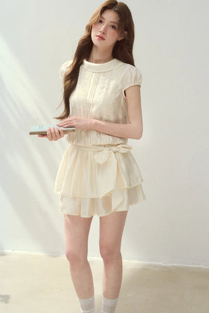 Lyocell Lace Tuck Pleated Half-High Collar Dress