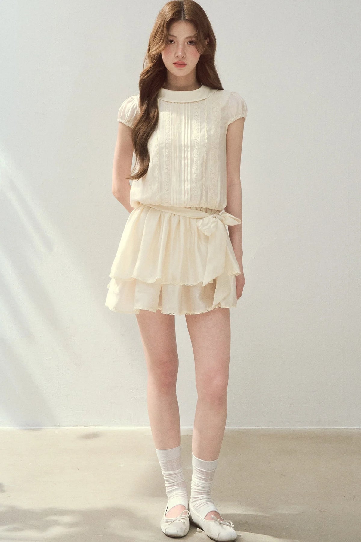 Lyocell Lace Tuck Pleated Half-High Collar Dress