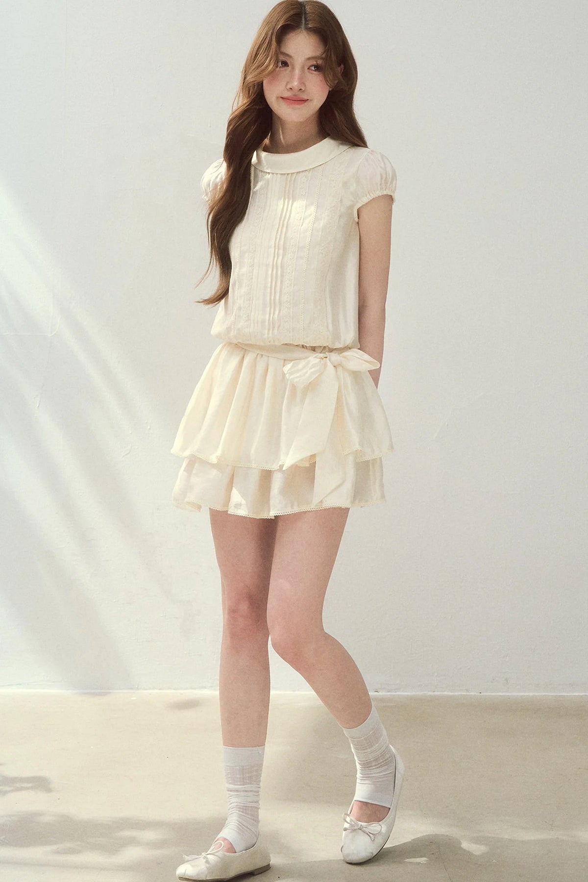 Lyocell Lace Tuck Pleated Half-High Collar Dress
