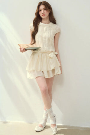 Lyocell Lace Tuck Pleated Half-High Collar Dress